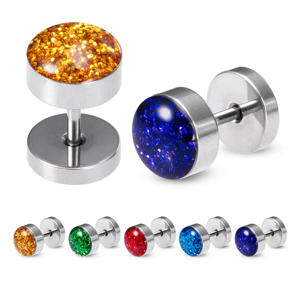 

1pc Bling Fake Ear Gauge Barbell Screw Stud Flat Back Stainless Steel Men's Women's Stud Earrings Ear Piercing Plugs Tunnel 16G