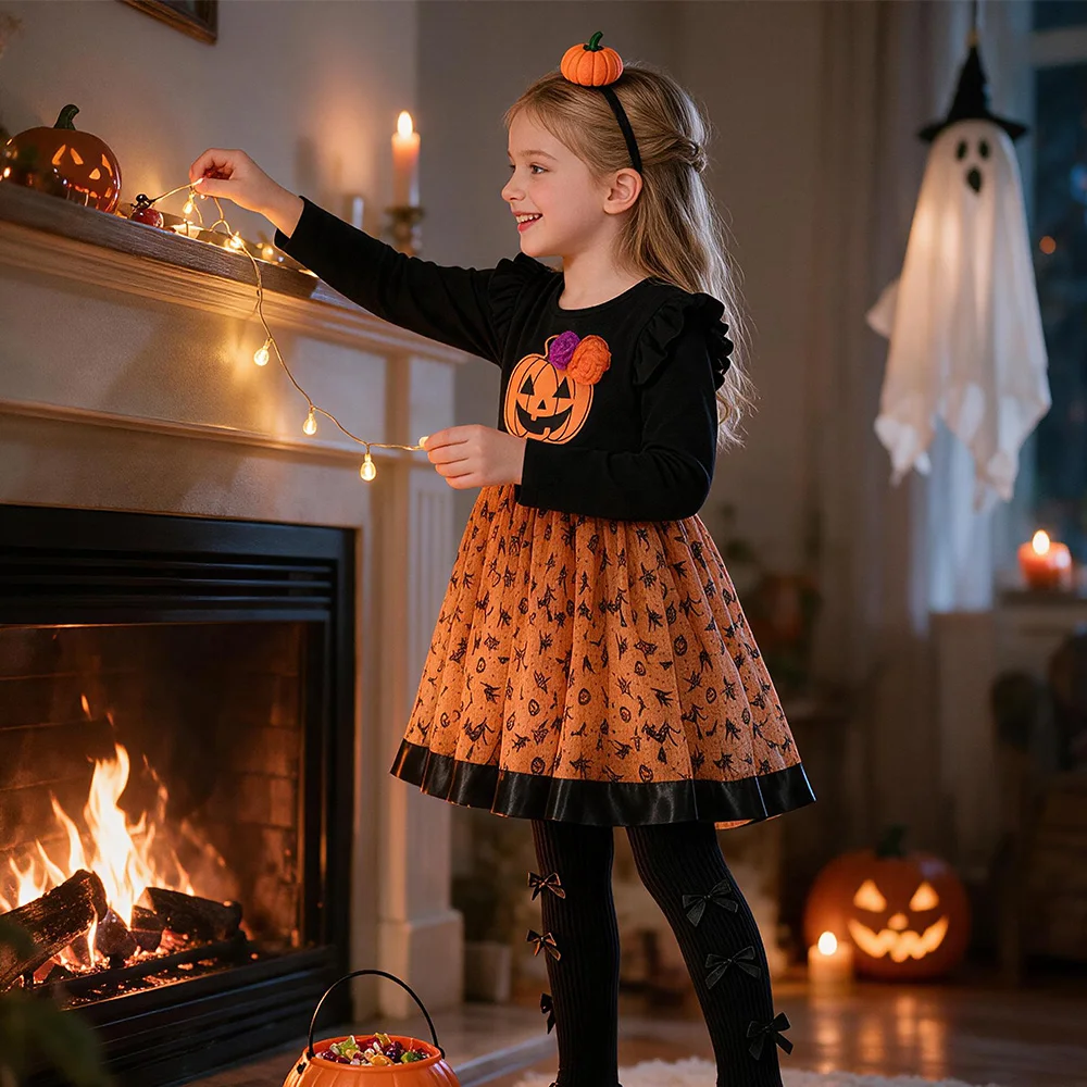VIKITA Toddlers Halloween Pumpkin Dress Kids Tulle Mesh Bat Witch Spider Print Party Cosplay Holiday Dress Outfits Costumes