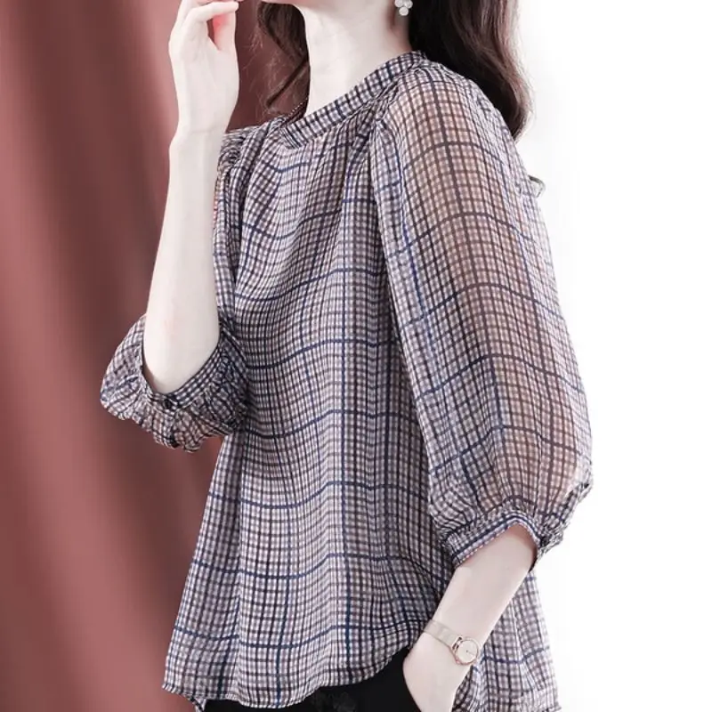 Fashion Printed All-match Lattice Chiffon Blouse Women\'s Clothing 2024 Spring New Oversized Casual Pullovers Office Lady Shirt