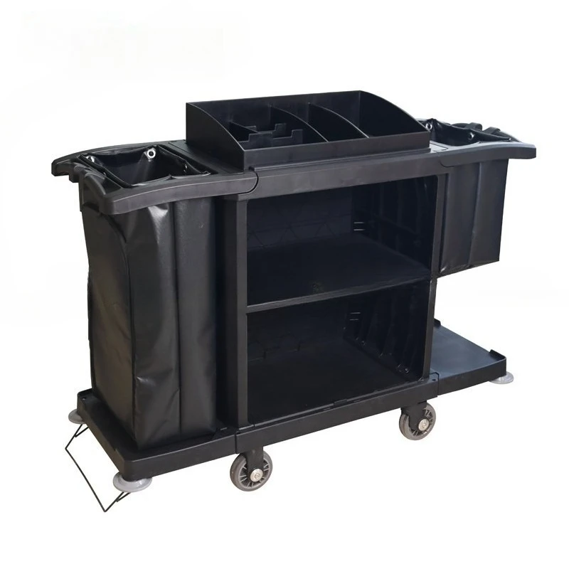 Plastic hotel service cart, three-layer multi-functional linen trolley, black grid bar, hotel room entrance cart