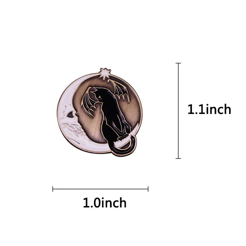 Skull Crescent Moon Bat Cat Enamel Pin Gothic Mystery Animal Brooch Jewelry Halloween Gifts for Kitty Owners