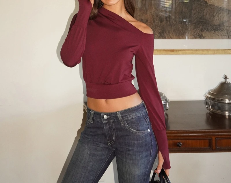 

Women's Autumn New Solid Color Slant Neck Bag Hand Cinched Waist Sexy Long Sleeve Top