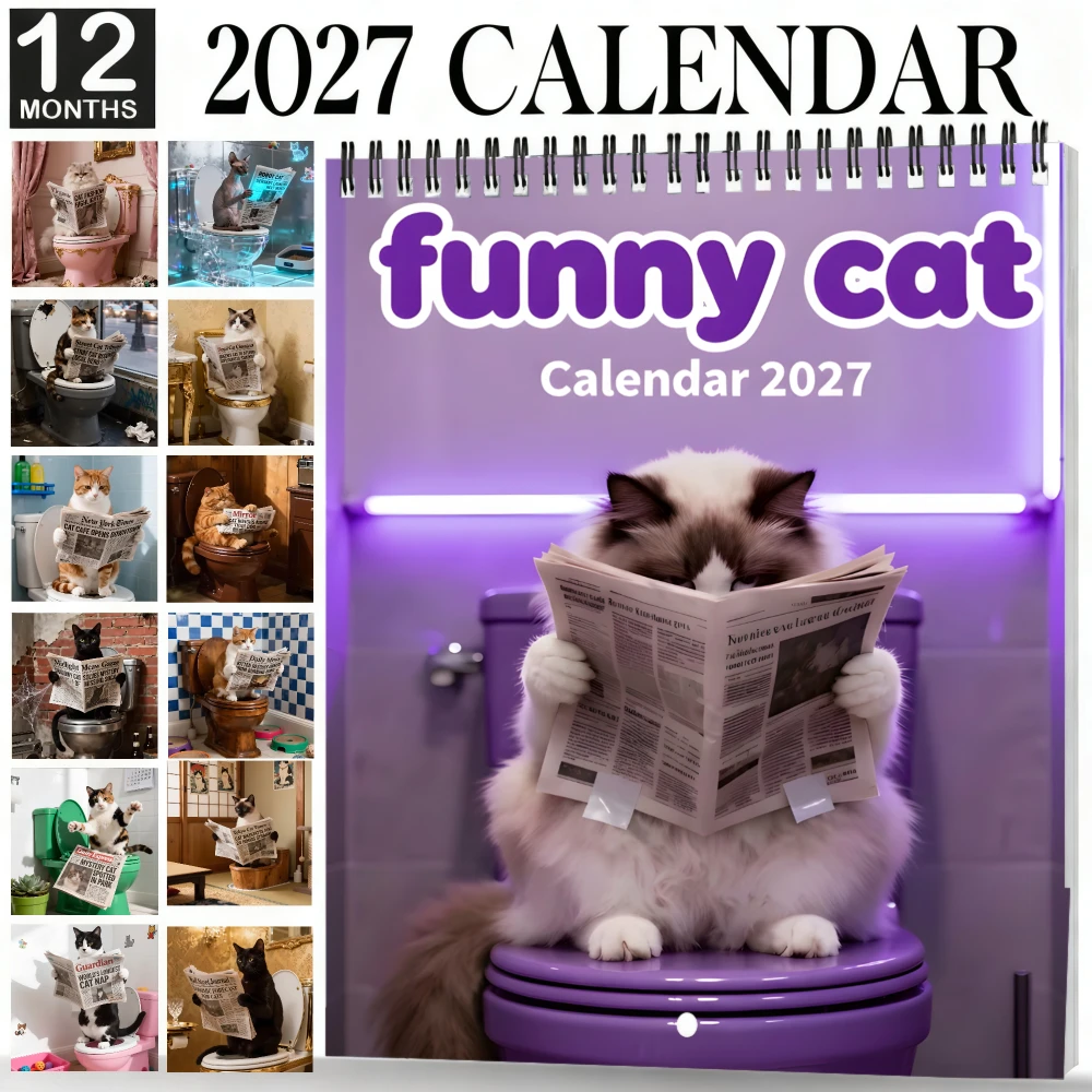 Funny Cat Reading Newspaper 2027 Wall Calendar Spiral Bound Thick Coated Paper Monthly Planner Home Office Pet Lovers Christmas