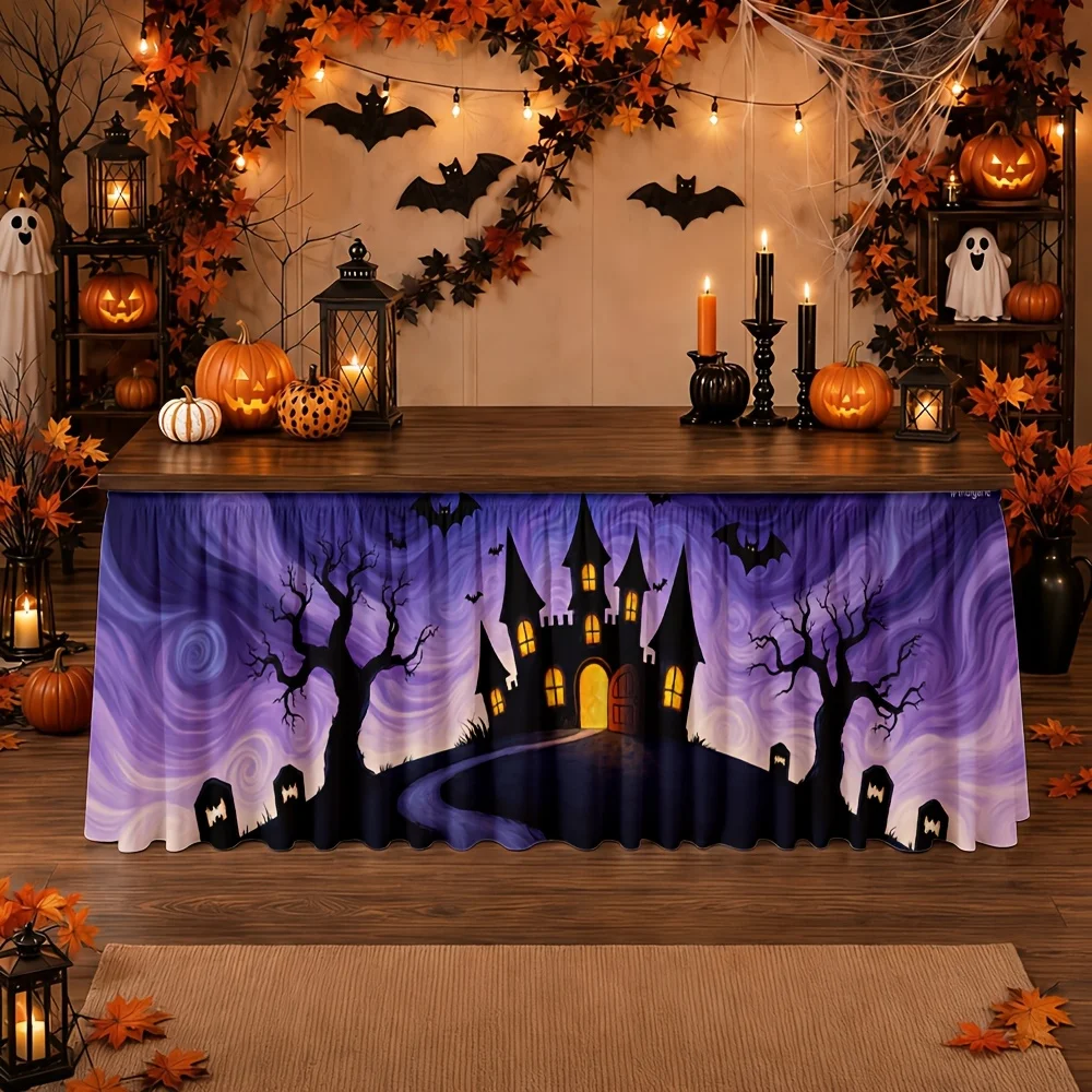 Halloween Gothic Castle Night Sky Bat Empty Tree Cemetery Purple Vortex Autumn October Tablecloth 1 piecezyc