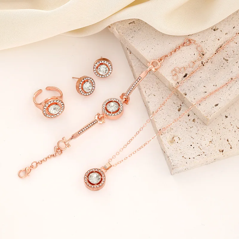 Simple Elegant Noble Diamond 4-Piece Banquet Accessory Set - Flash Bracelet Ring Earrings Necklace