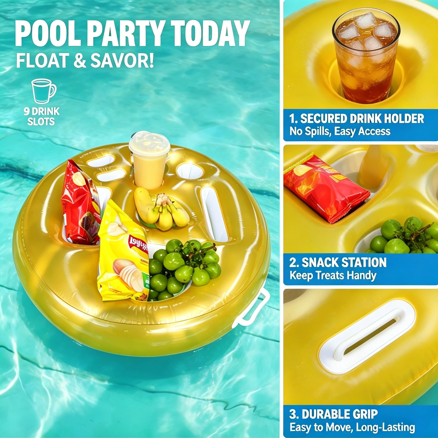 Inflatable Floating Pool Bar Tray with 9 Cup Holders Snack Storage, 2 Colors for Pool Beach Party view 2