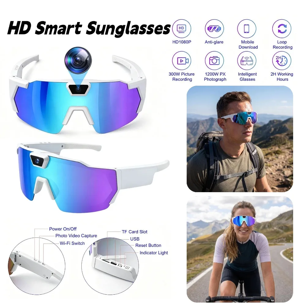 Smart Sunglasses with Camera HD POV Glasses Cycling Sunglass Video Audio Recording Wearable Eyewear for Men Women Outdoor Sports