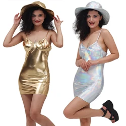 Women Metallic Shiny Sexy Spaghetti Straps Sleeveless Mini Dress V-Neck Cami Slip Bodycon Party Mini Dresses Fashion Costume