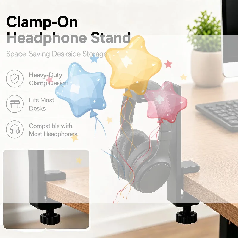 Heavy Duty Desk Clamp Headphone Stand Desk Side Headset Holder Headphone Organizer Universal Over-Ear Headphone Display Rack