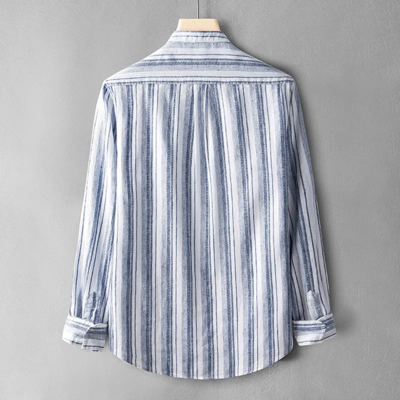 Japan Style Mens Linen Cotton Striped Shirt with Chest Pocket Harajuku Casual Long Sleeve Slim Fit Breathable Classical Shirts