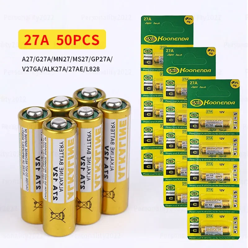 50pcs A27 12V Battery Alkaline 27A Batteries 27AE 27MN A2 L828 K27A for Remote Control Handle Flashlight Doorbell Toys Cell