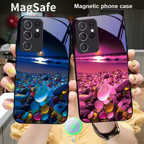 Colorful stone seaside For Samsung S 25 S25 Edge S25Ultra S8 9 10 20 S21 Pro S22 Plus S23 FE S24 Ultra Magsafe Glass Phone Case