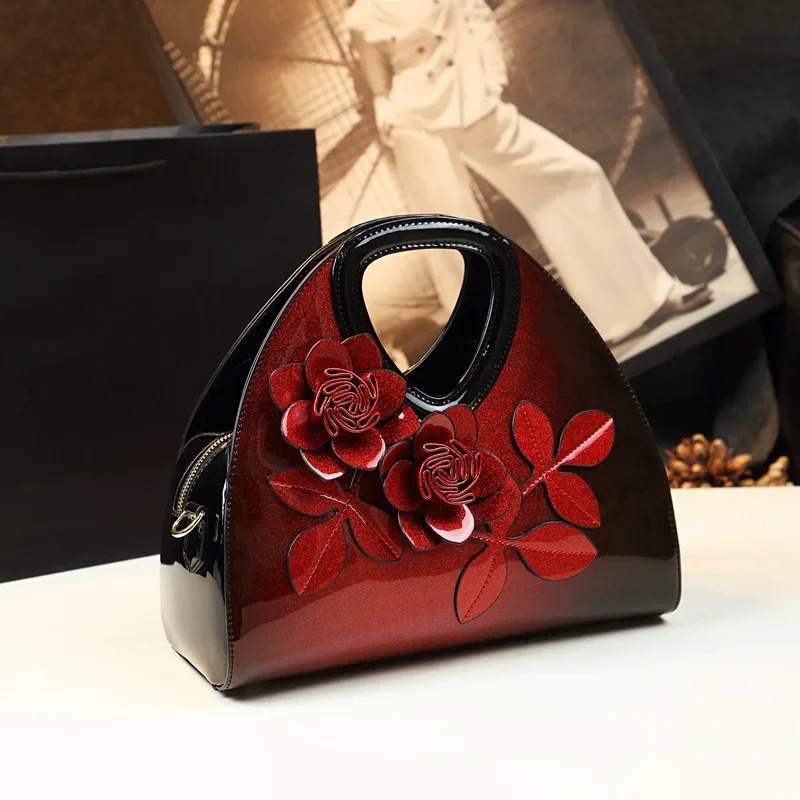 

Women Top Handle Purse Satchel Bag Flower Design Shoulder Glossy Patent Leather Handbags Stylish Handbag Medium Tote