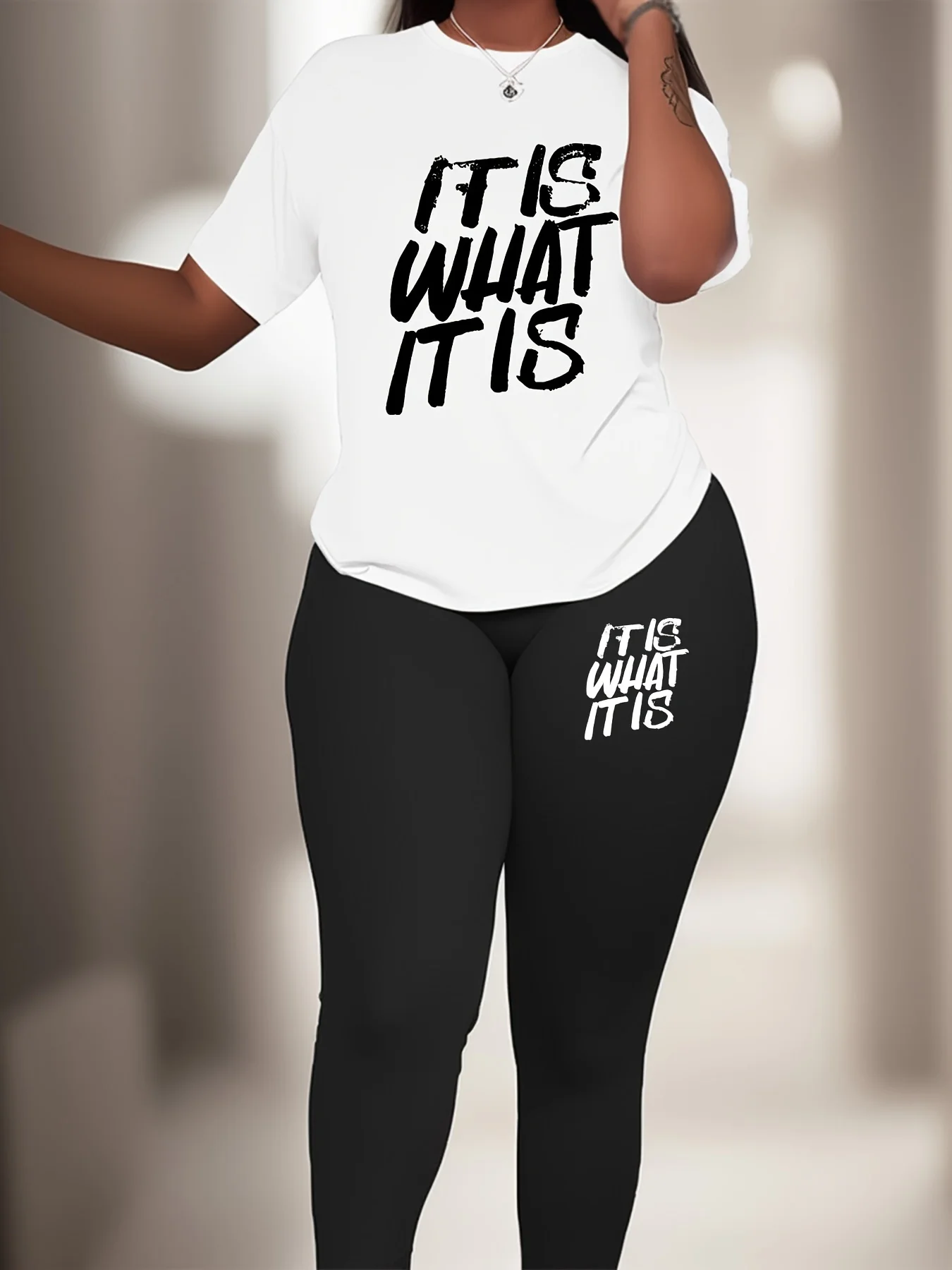 Plus Size Slogan Print Sports Set - Crew Neck Polyester Knit Fabric with Elastane, Medium Stretch Activewear Set 2 Pieces Set