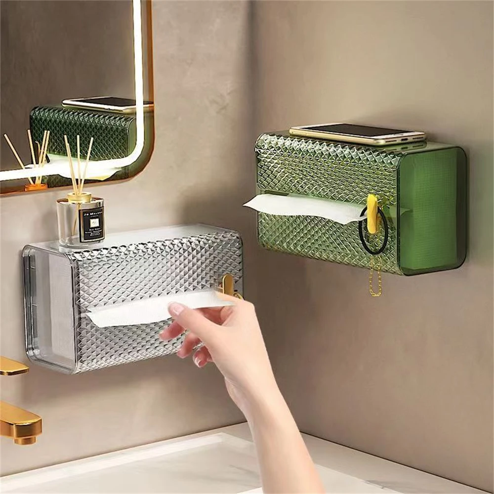 Light Luxury Tissue Box, Wall Mounted, Rectangular Tissue Storage Box, Self-Adhesive Napkin Holder, Kitchen Paper Dispenser Case