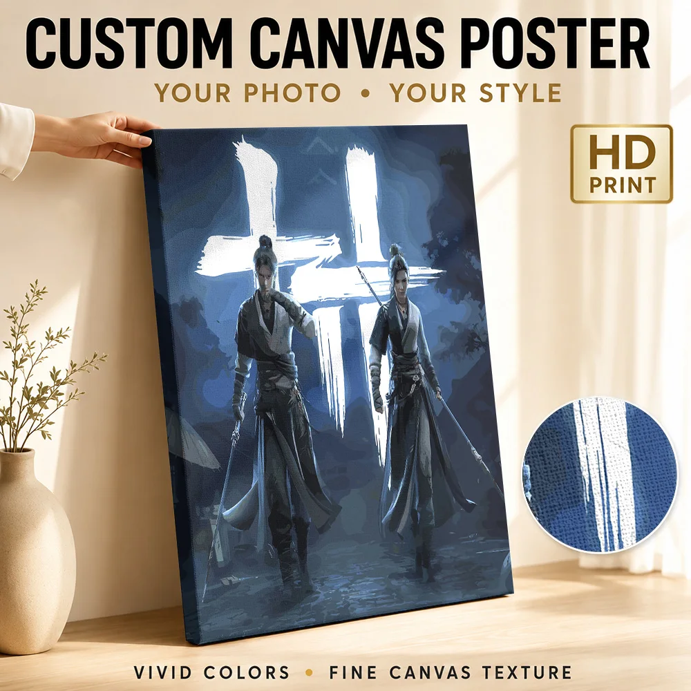 Martial Arts Duo In Blue Canvas Painting Poster Custom Photo Japanese Ink Wall Art for Home Gym Dojo Decor Gift for Collectors