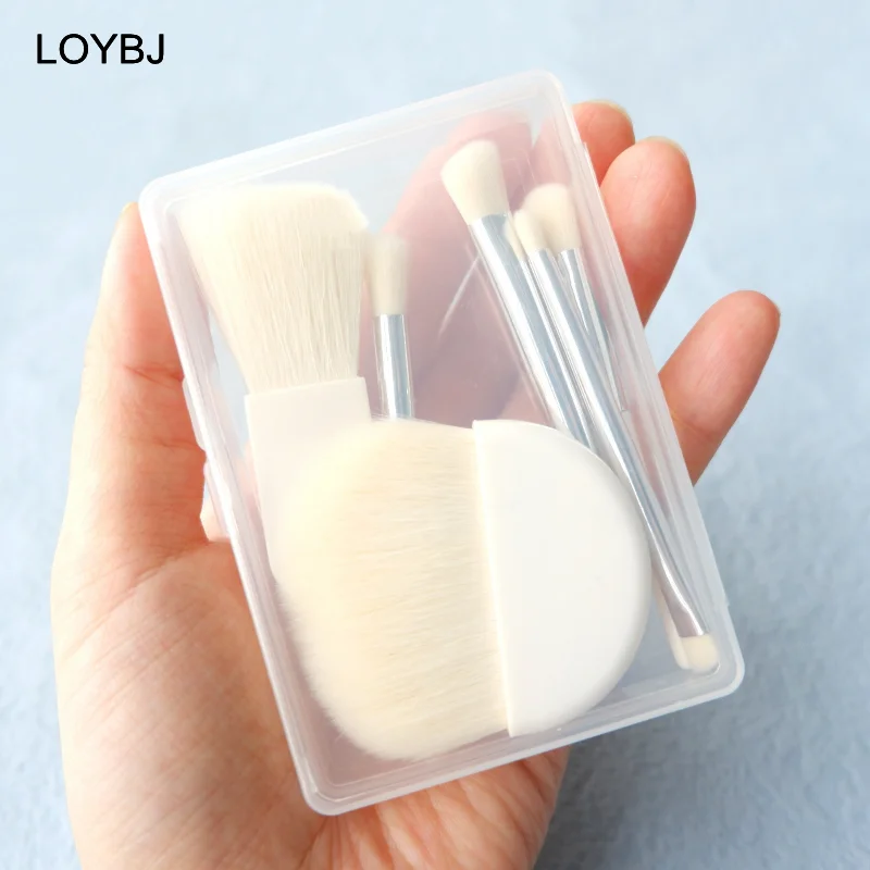 LOYBJ kuas riasan Mini, 6 buah Set kuas kosmetik portabel, kuas bedak Foundation Perona alis, kotak kuas pencampur Detail