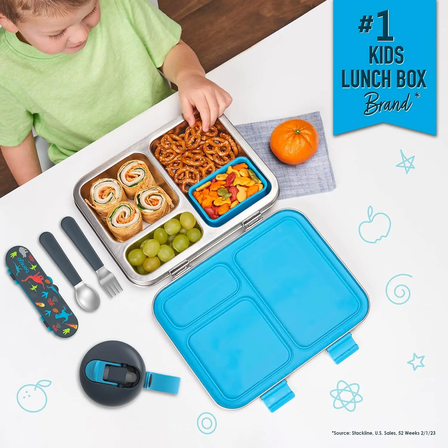 ®  Stainless Steel Prints Leak-Resistant Lunch Box - New Improved 2022 Bento-Style with Updated Latches, 3 Compartments & B