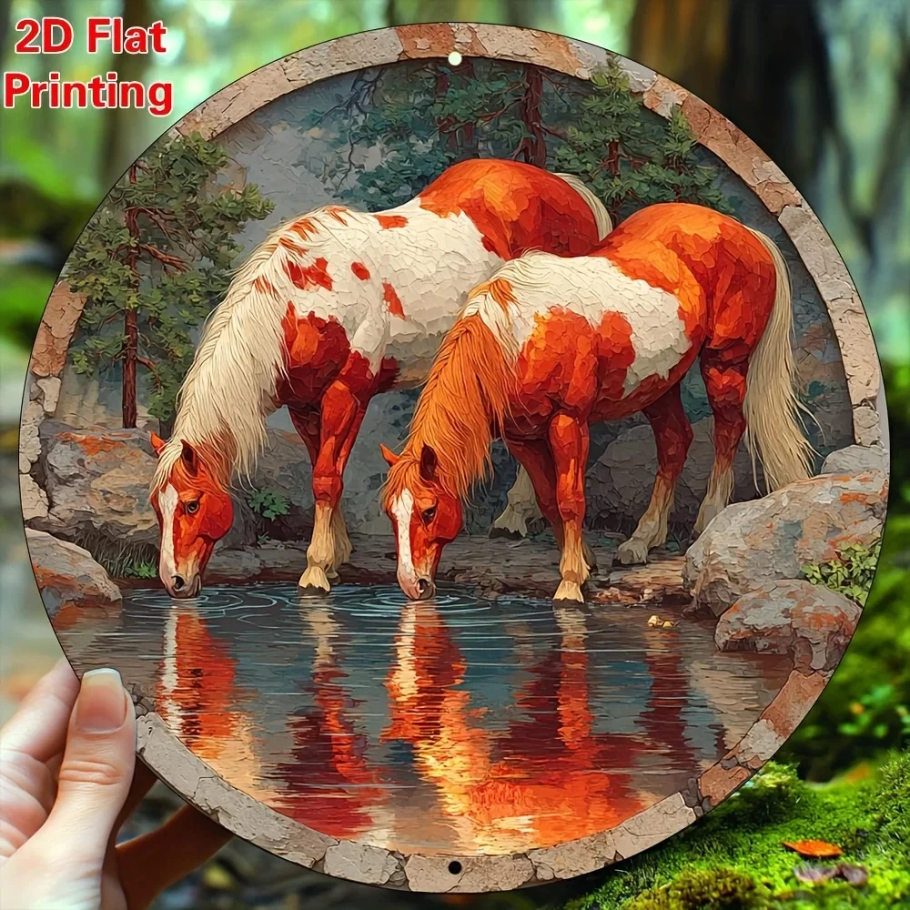 Two Pinto horses drinking at the creek, circular wall sign, 2D flat print rural forest horse circular plaque