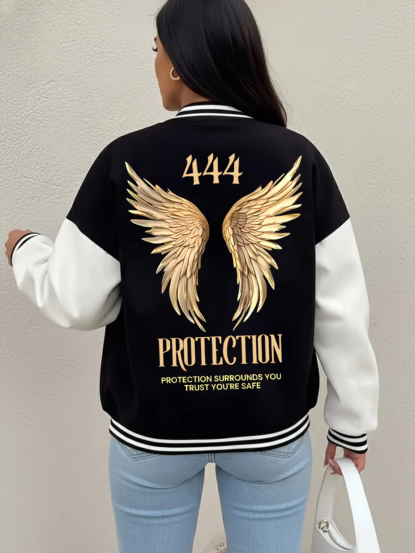 Ladies' autumn and winter casual baseball jacket, ladies' golden angel wing pattern baseball jacket, college style