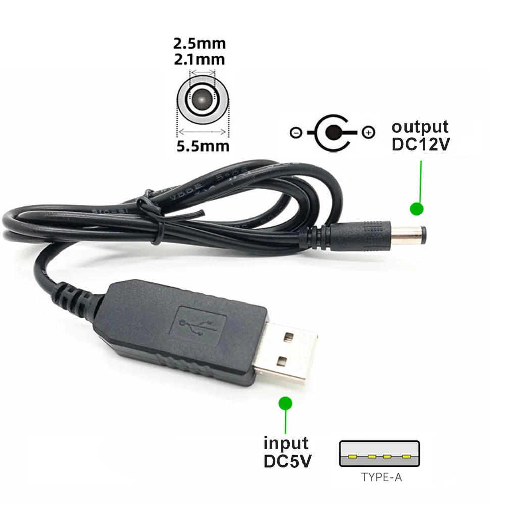 5V USB 2.0 Type-A to 5.5x2.1mm 5.5x2.5mm DC 12V Voltage Riser Boost Power Plug Barrel Connector Cable 100cm