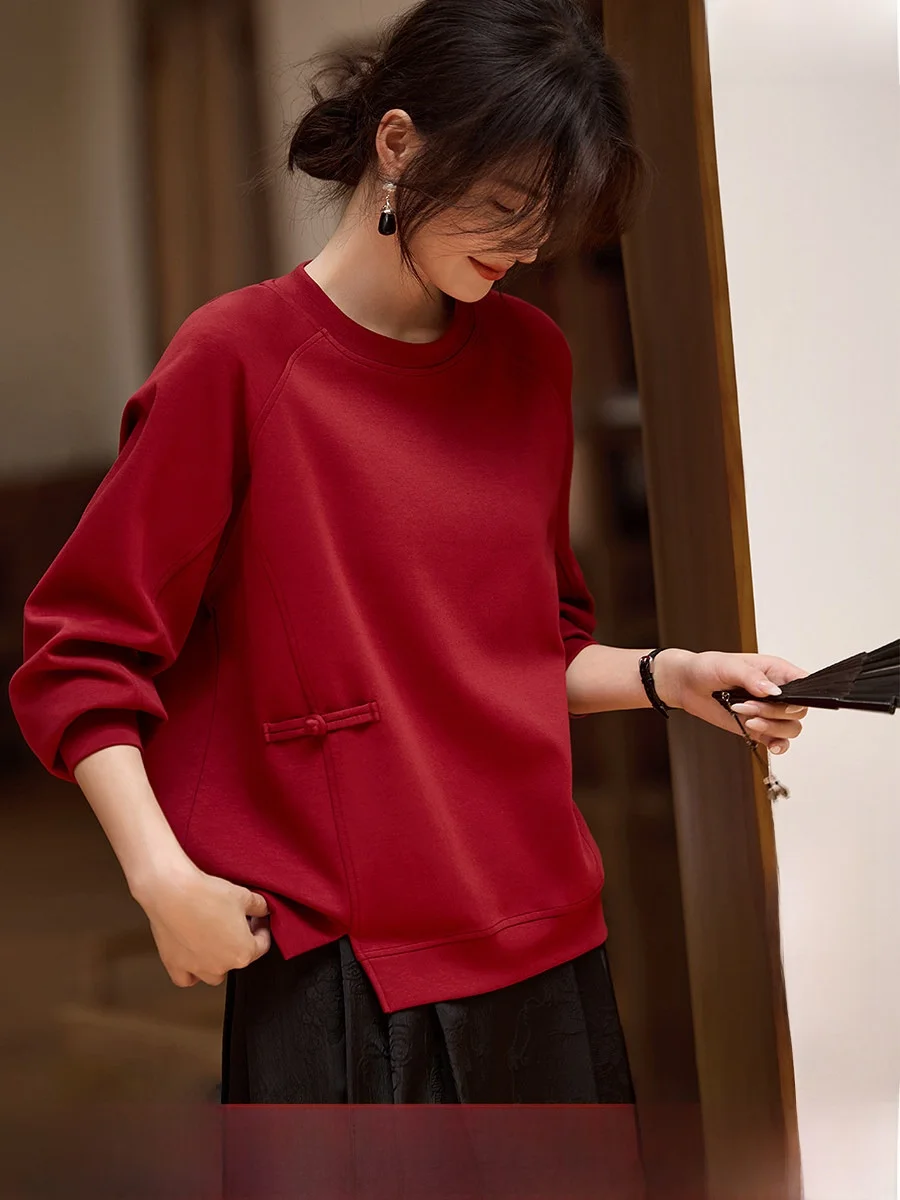 

Red Wedding Banquet Slimming round Ne Chinese Sle Sweatirt Women's Spring Faionable Top with Button Detail