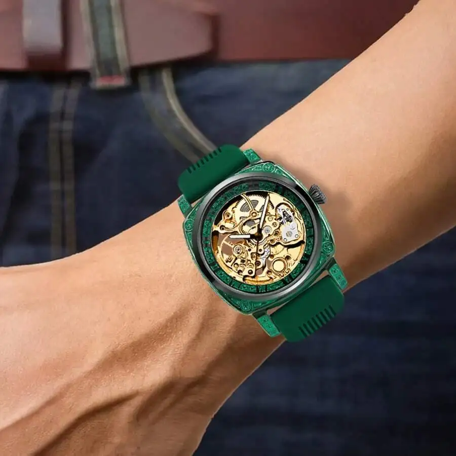 A Men's Green Tape Sports Casual Tourbillon Carved Automatic Mechanical Watch