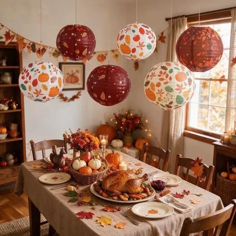 Portable Vintage Hanging Paper Lantern Maple Leaves Round Folding Lantern Good Luck Handmade DIY Lantern Thanksgiving Day
