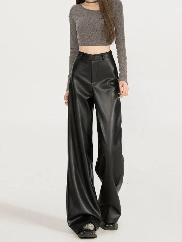Solid High Waist PU Leather Wide Leg Trousers for Women Button Zip Fly Loose Fit Straight Long Pants Street Style Casual Fashion