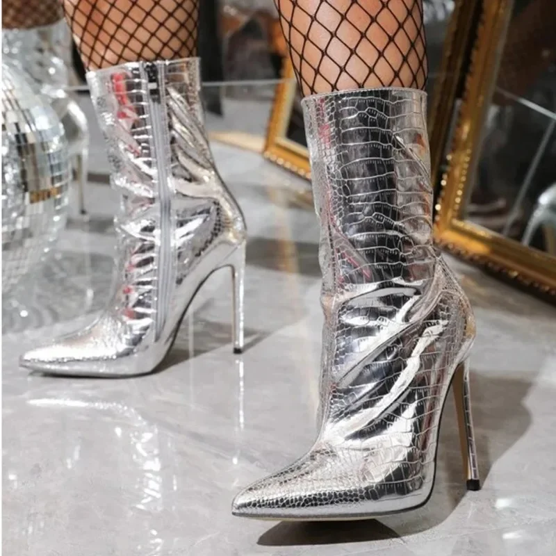 

2023 Hot Sales Brand New High Heeled Women Ankle Boots Pointed Toed Chelsea Zip Bling Pleated Spring Autumn Fashion Booties