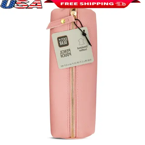 Simulated Leather Pencil Pouch Gold Zipper Storage Case Pens Pencils Highlighters Stylish Portable Organizer Office School