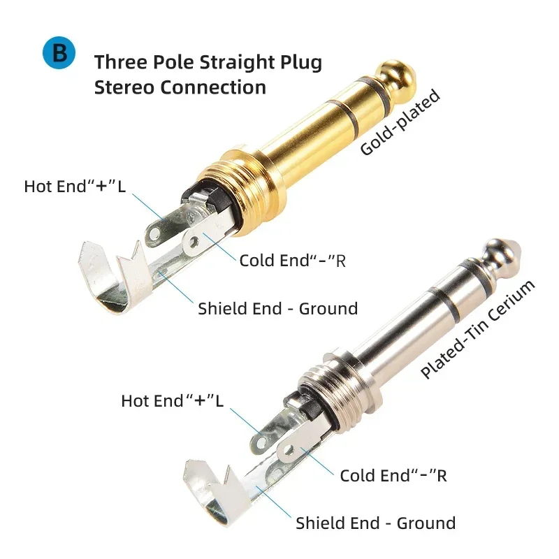 Neutrik's REAN 6.35mm 2 3 pólo plugue estéreo banhado a ouro 1/4 mono mono mono fone de ouvido microfone de áudio solda trs alto-falante guitarra canal duplo ts conector