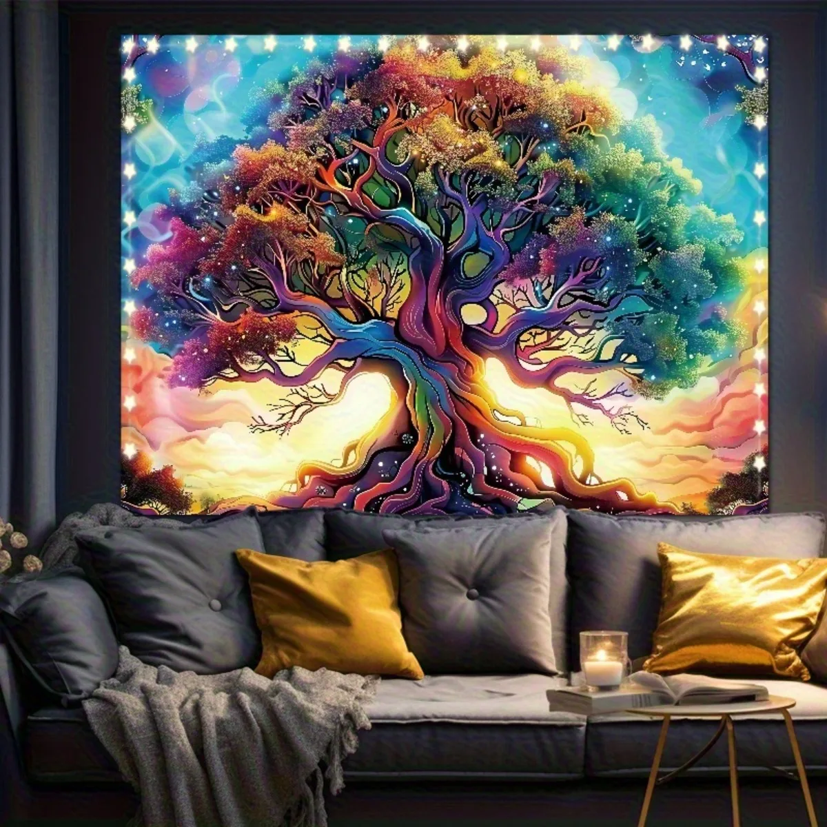 VIKAMA Rainbow Tree of Life Tapestry Bohemian Style Living Room Healing Background Cloth Room Decoration Home Decoration