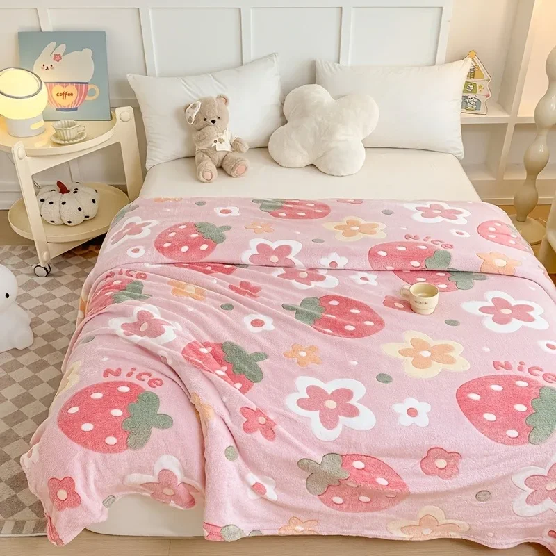 Cozy Floral Flannel Throw Blanket Soft Machine Washable All-Season Comfort with Cute Pink Strawberry Flower Design