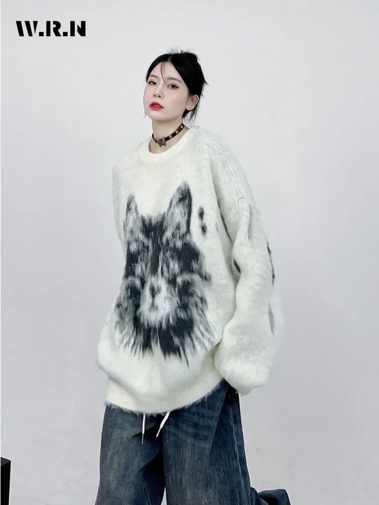 

Women's Vintage Animal Printting Knitting Long Sleeve Casual Pullovers 2024 Winter Fashion Round Neck Loose Female Sweater Top