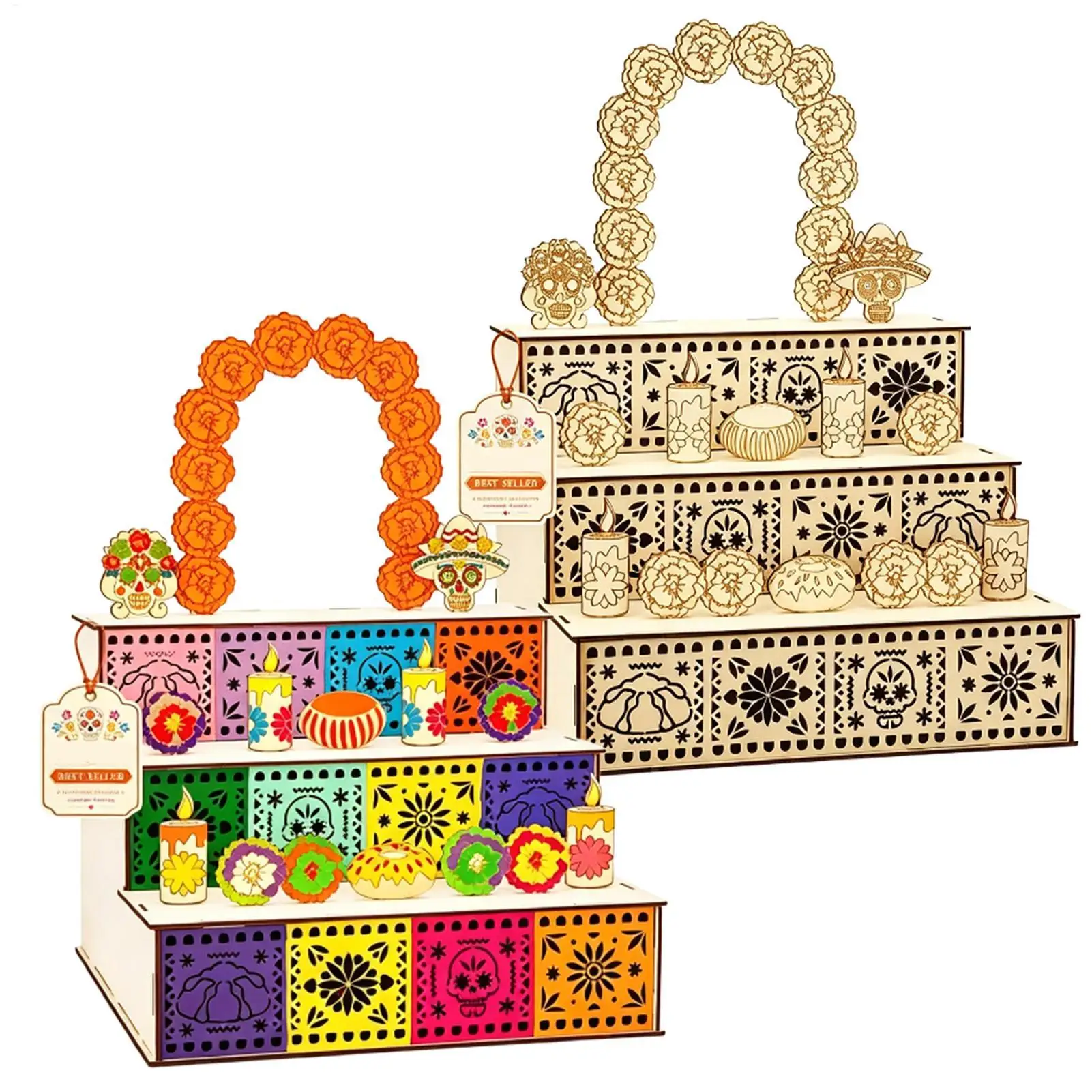 Day of the Dead Wooden Altar Display Set 3-Tier Seasonal Decoration with Marigold Skull Home Living Room Mantel Ornaments