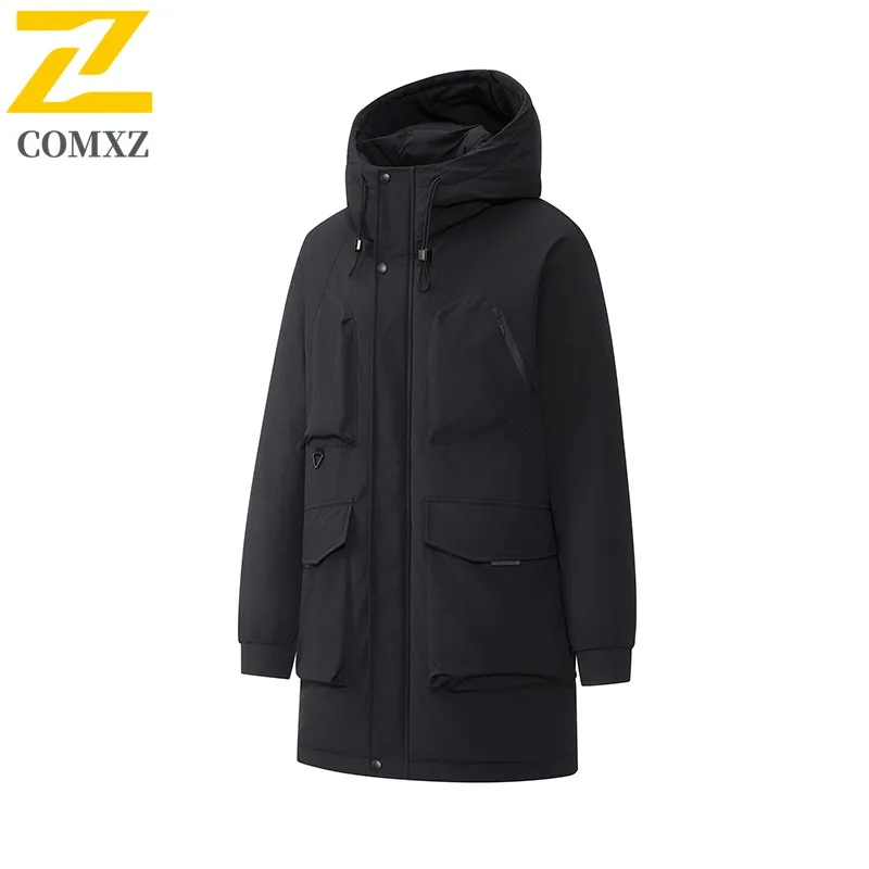 COMXZ 2025 Men Long Down Jacket Outdoor Hiking Travel Cold Resistant Filler Down Minimalist Daily Style Lightweight Winter Coat