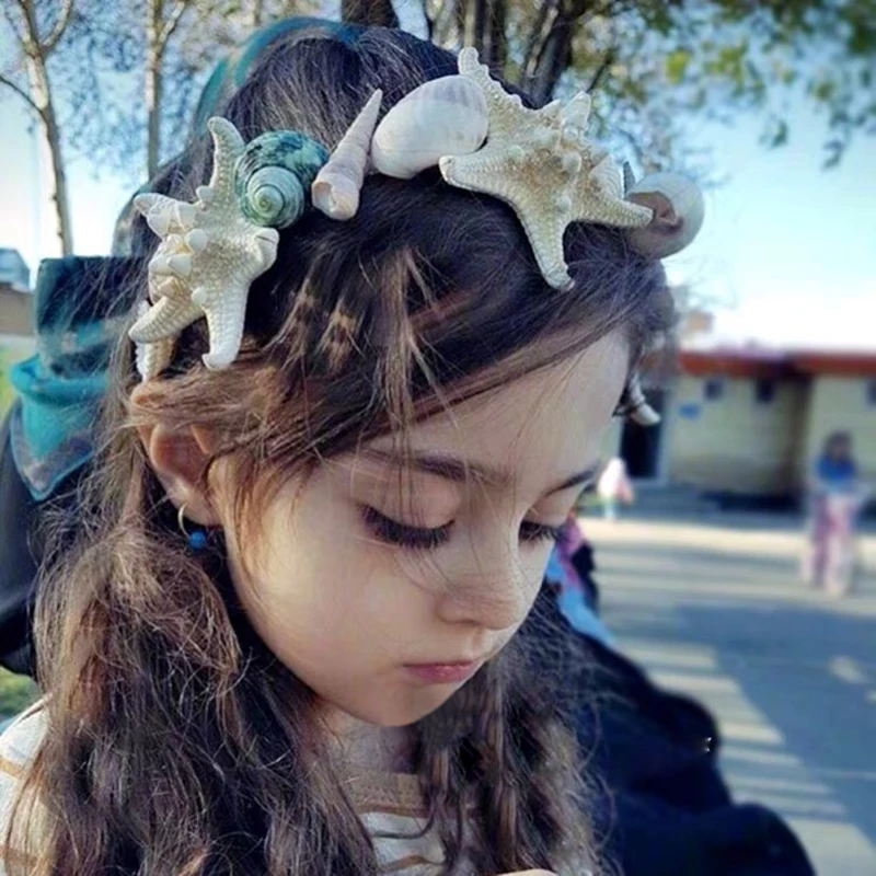 Tocado estilo océano de vacaciones para niñas, guirnalda de estrella de mar Natural, Concha, Perla de imitación, vestido de flores, accesorios de rendimiento, 1Pc