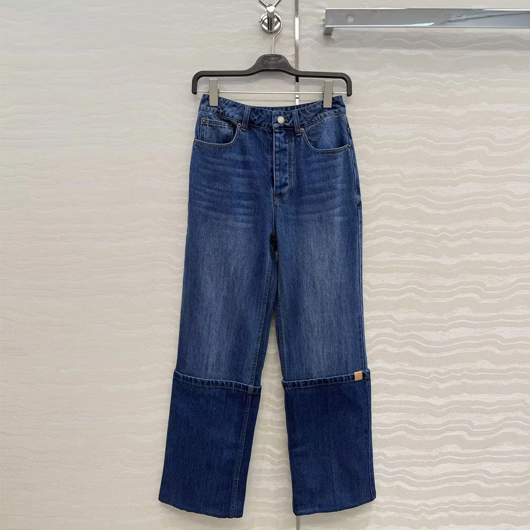 2026 New Spring Fashion Streetwear Flanged Design Jeans Women Retro Single Breasted High Waist Washed Blue Straight Denim Pants