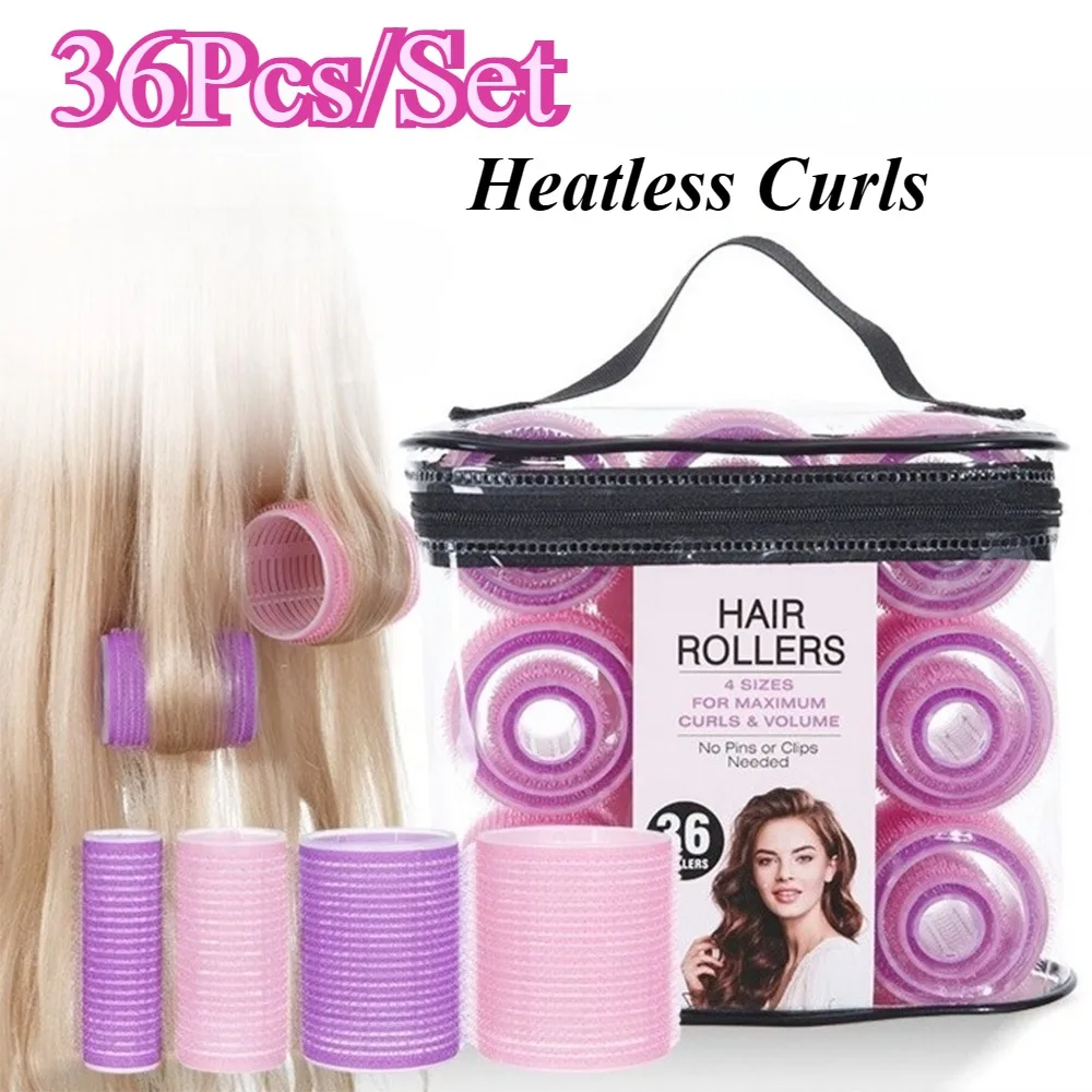 36Pcs/set  No Heat Hair Bang Volume Self-adhesive Hook Heatless Hair Curlers Self-Grip Hair Rollers &amp Loop DIY Styling Tool