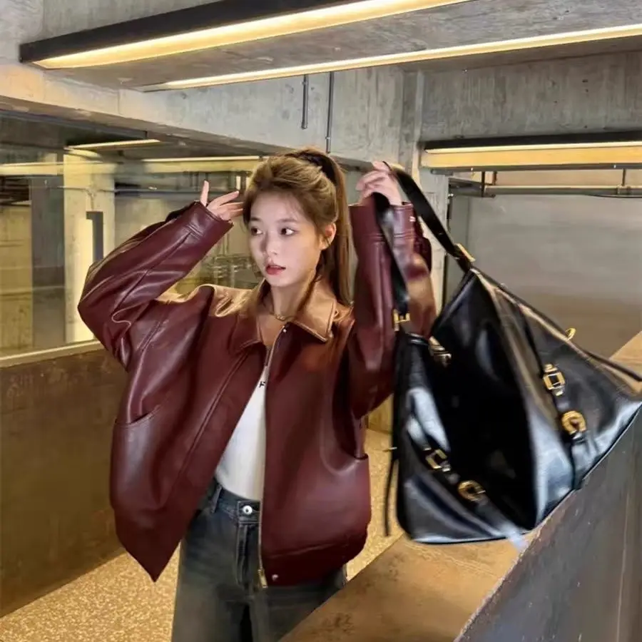 2025 Spring and Autumn New Women's Leather Jacket PU Commuter Loose Jacket