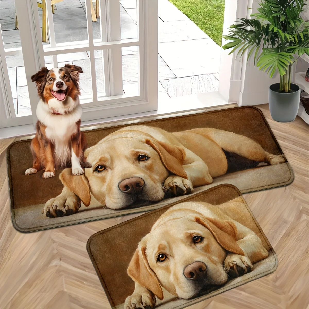 Labrador Dog Kitchen Mat 2 Piece Set, 3D Realistic Pet Dog Kitchen Rugs, Non-Slip Floor Mat for Kitchen Front Door