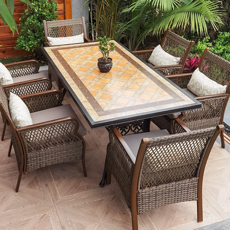 Outdoor tables and chairs Nordic high-end courtyard tile tables woven rattan chairs household garden tables and chairs