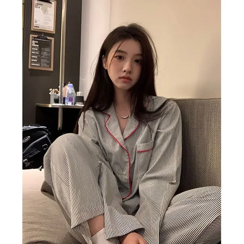 Striped Sleepwear Women Pajama Sets Pocket Piiama Korean Night Wears Autumn Pants Sets 2 Pieces Button Long Sleeve Home Suit New