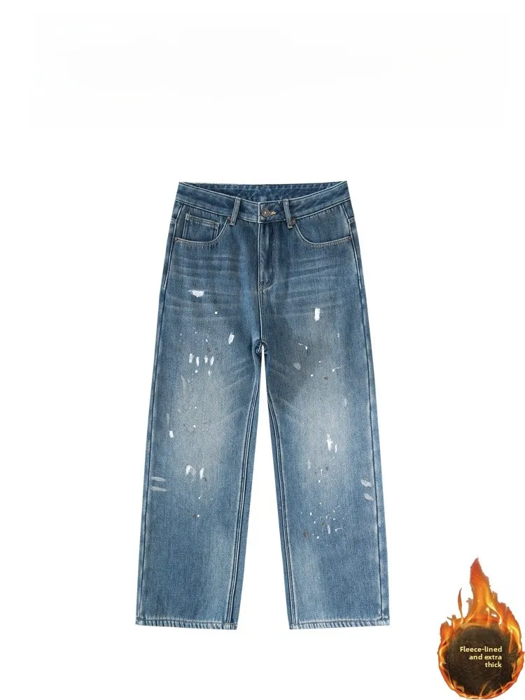 

BAIRBAOLIY Vintage Splattered Ink Denim Jeans Men's Fce Lined Thiened Casual Loose Straight Leg Wide Leg Pants