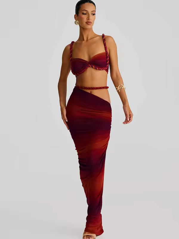 kliou Woven Sexy Women 2 Piece Set Stunning Hot Solid Pleated Crop Camisoles+High Waist Maxi Skirts Female Trend Vacation Outfit - Image 14