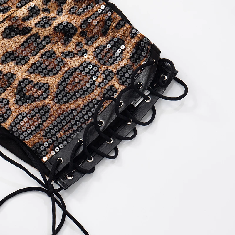 CUTENOVA Leopard Print Hollow Out Cross Tie Rope Low Waist Exposed Navel Sequins Casual Shorts Women'S Summer New Sexy Shorts