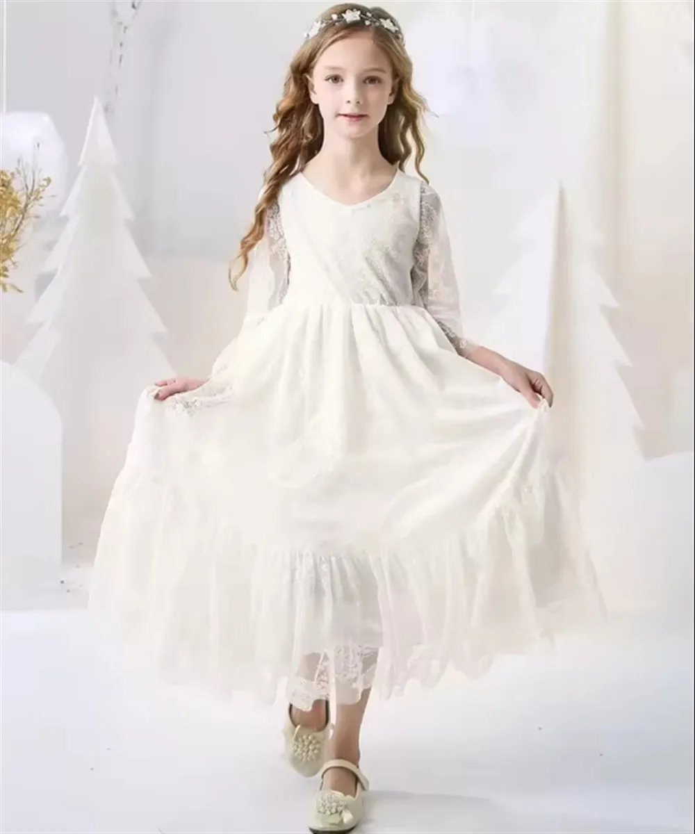 

Elegant White Flower Girl Dress for Wedding Lace Long Sleeve Tulle Girls Birthday Party Dress vestidos de comunión Customized
