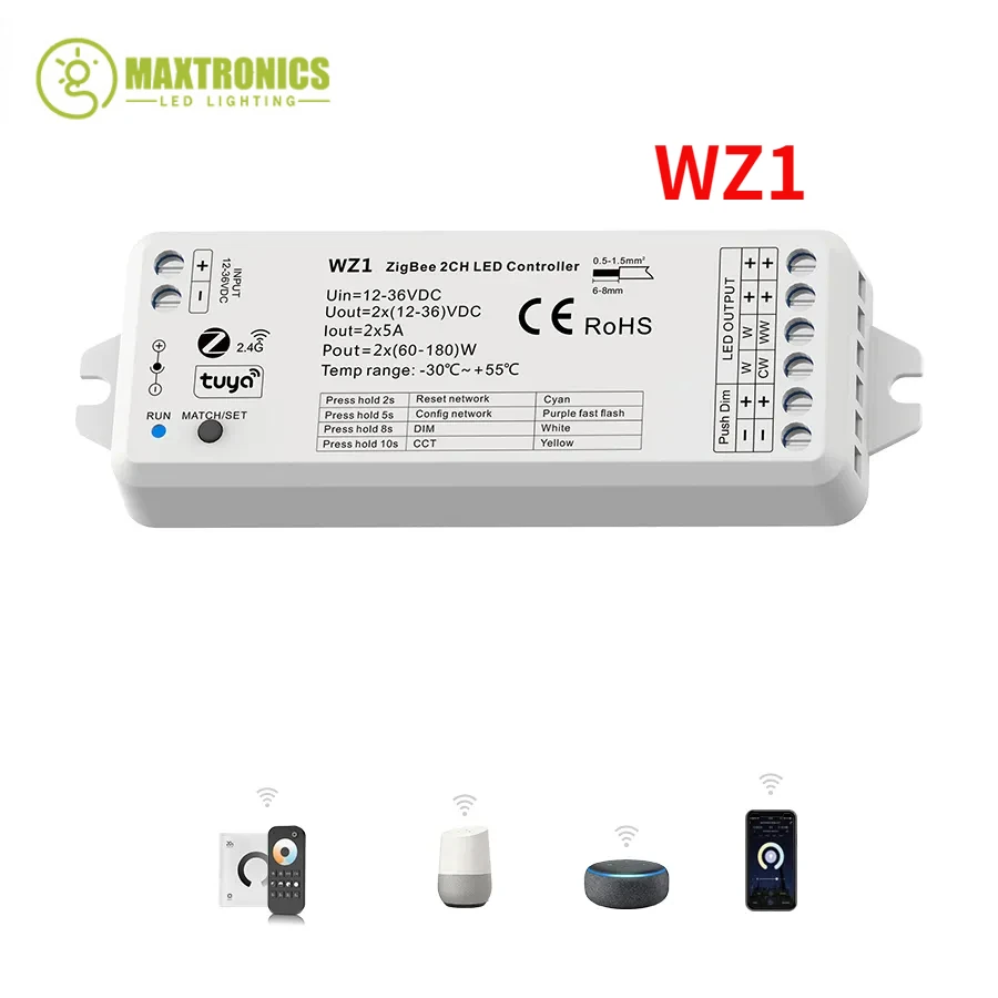 WZ1 12-36V ZigBee 3.0 e RF 2 CH LED Controller Tuya APP Cloud telecomando Wireless 2 canali per striscia LED CCT monocolore