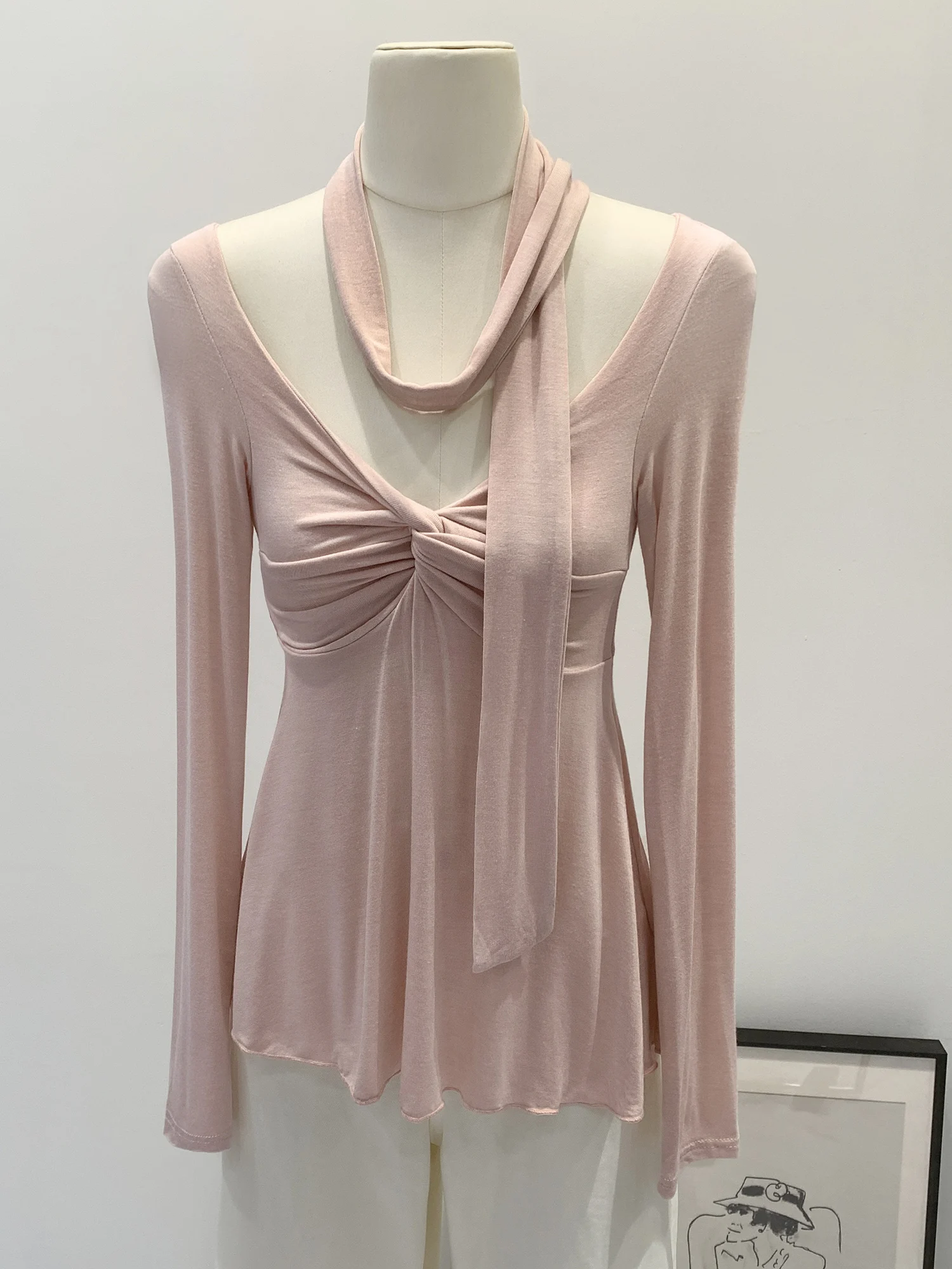 Elegant Long Sleeve V-Neck T-Shirt Women's Gauze Twist Knot Early Autumn Delicate Top Gentle Style Slim Fit Pure Color Knitted